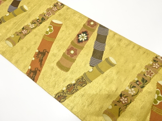 アンティーク　横笛に花・動物模様織り出し袋帯（材料）